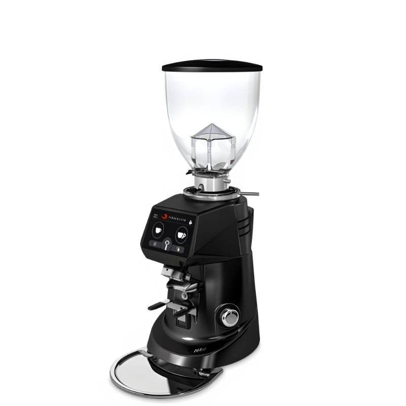 Diagonal view of the Fiorenzato F64 Evo PRO commercial coffee machine grinder in the black colour option on a white background
