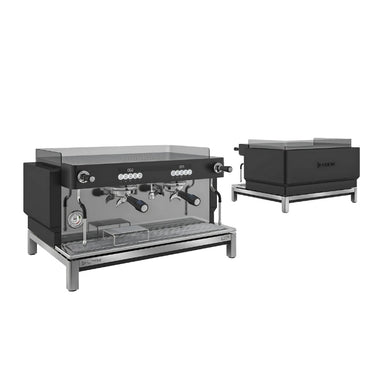 Front and rear view of the 2 group black version of the crem ex3 (formally expobar ex3) coffee machine 