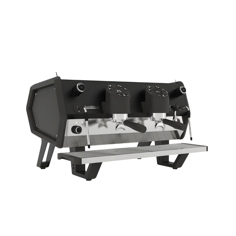 Black Sanremo D8 2 group coffee machine diagonal front-left view