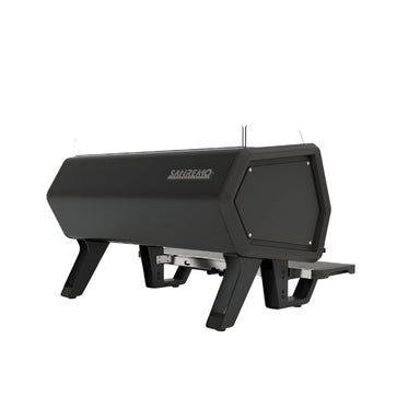 Rear view of black Sanremo D8 2 group commercial coffee machine
