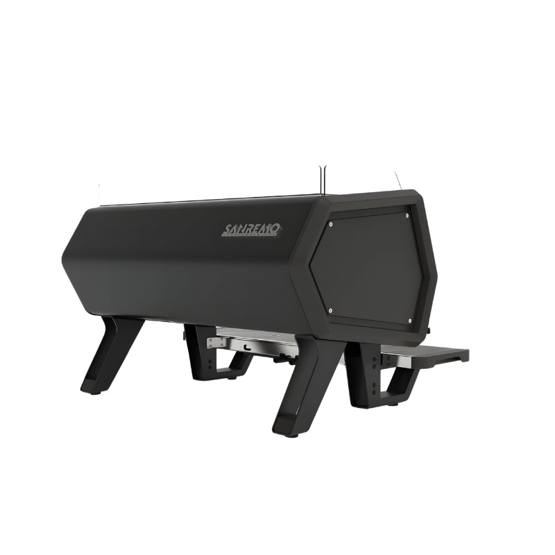 Rear view of black Sanremo D8 2 group commercial coffee machine