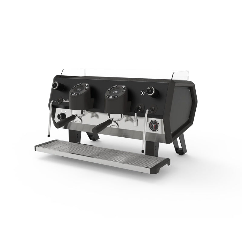 Black Sanremo D8 2 group coffee machine right-side view with tall cup takeaway kit installed