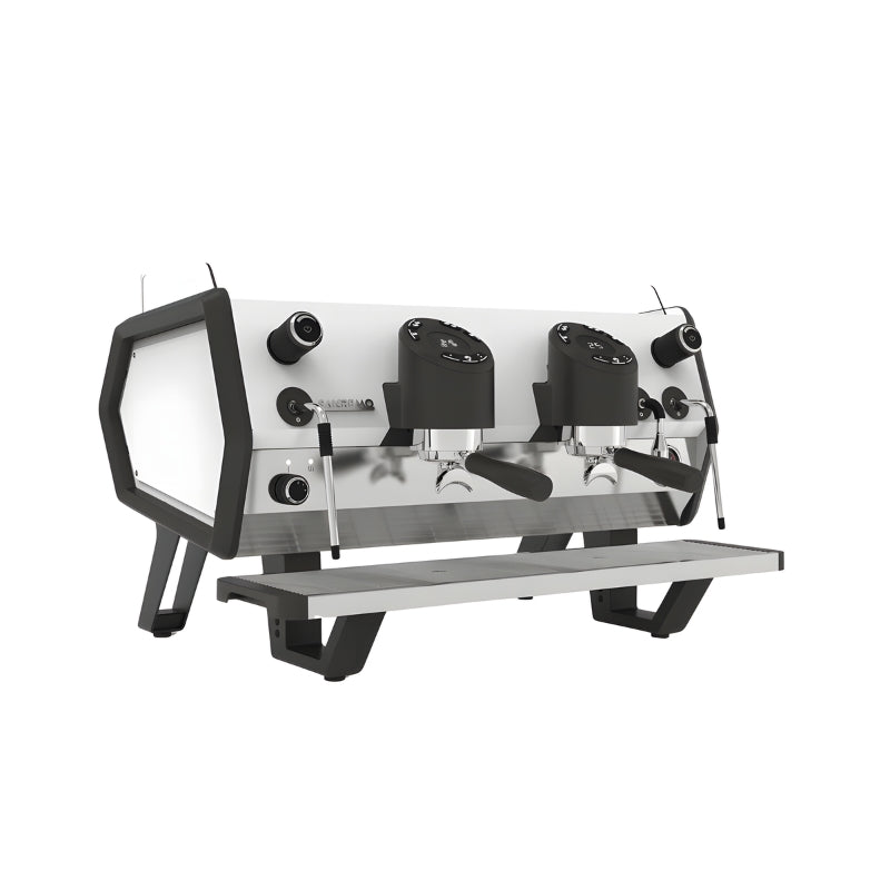 Black and white Sanremo D8 2 group coffee machine diagonal front-left view