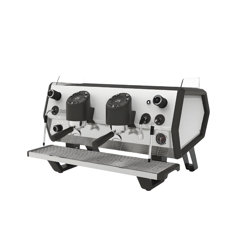 Black and white Sanremo D8 2 group espresso machine diagonal front-right view