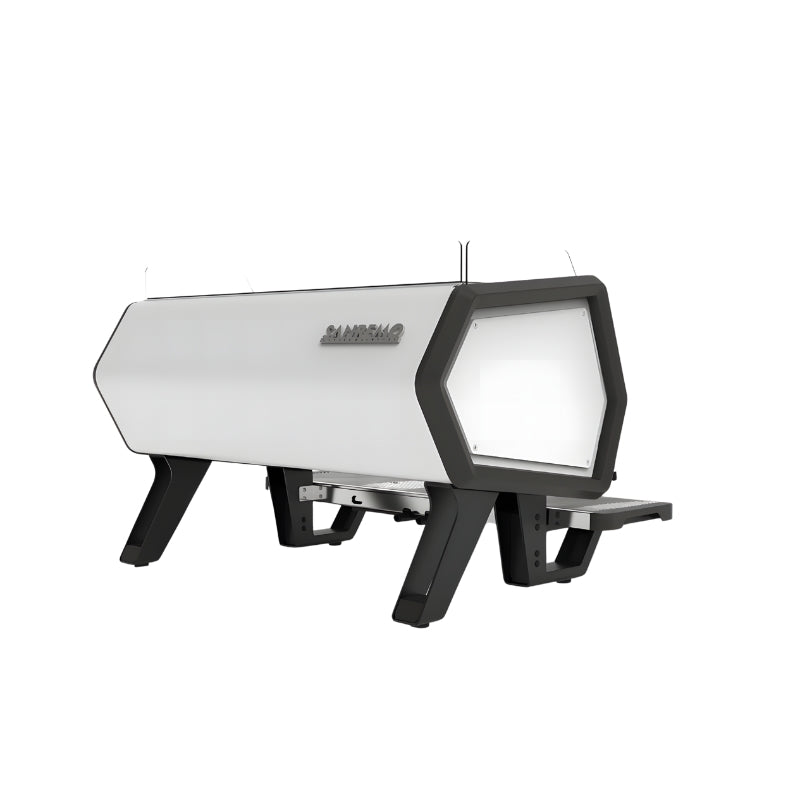 Rear view of black and white Sanremo D8 2 group commercial coffee machine