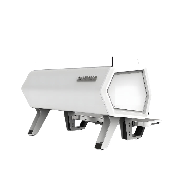 Rear view of white Sanremo D8 2 group commercial coffee machine