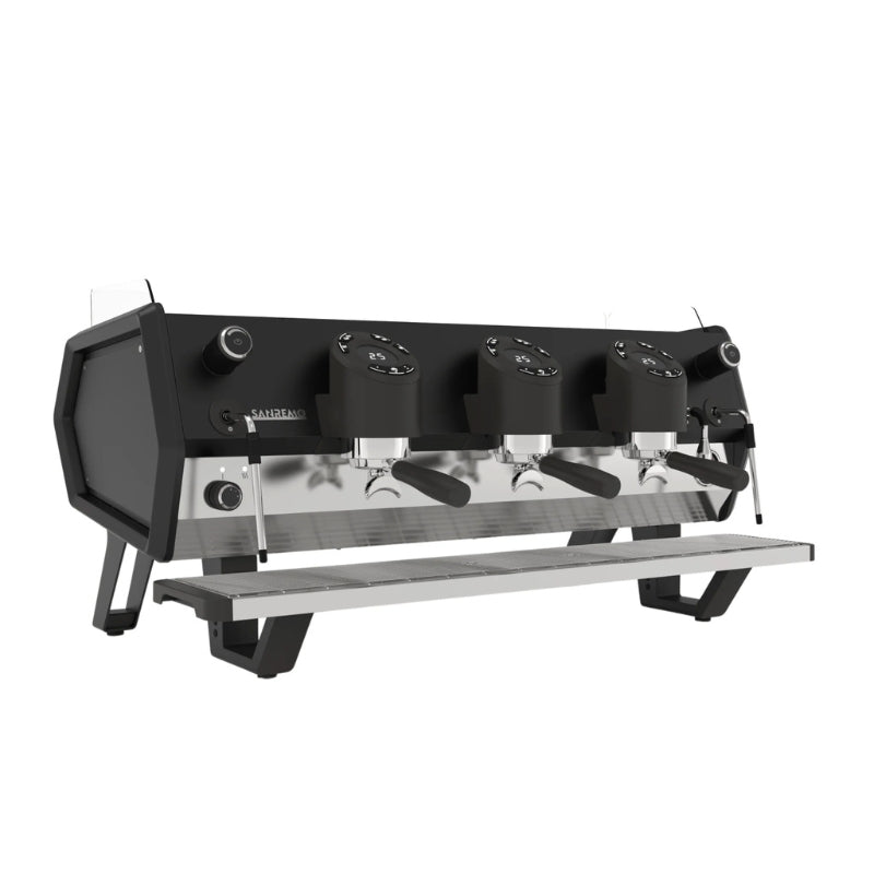 Black Sanremo D8 3 group coffee machine diagonal front-left view