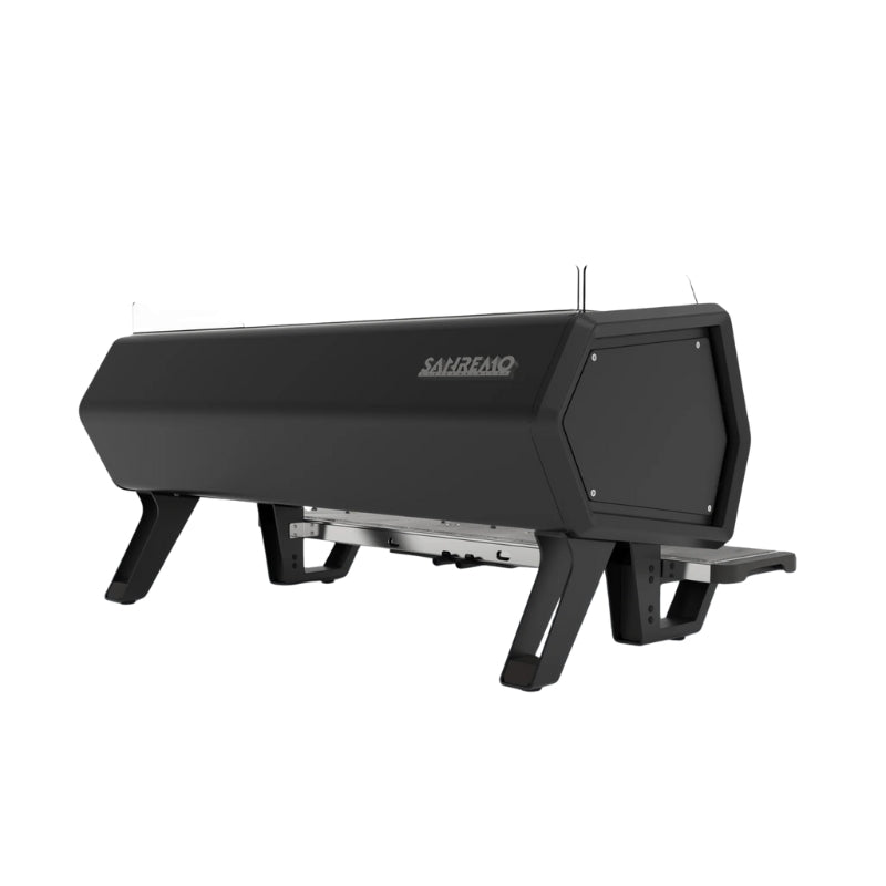 Rear view of black Sanremo D8 3 group commercial coffee machine