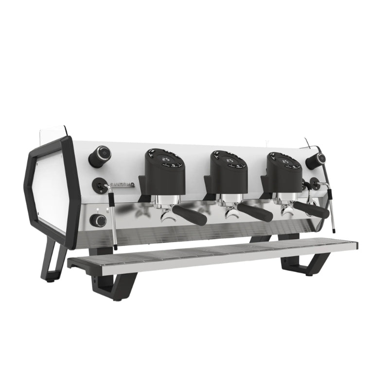 Black and white Sanremo D8 3 group coffee machine diagonal front-left view