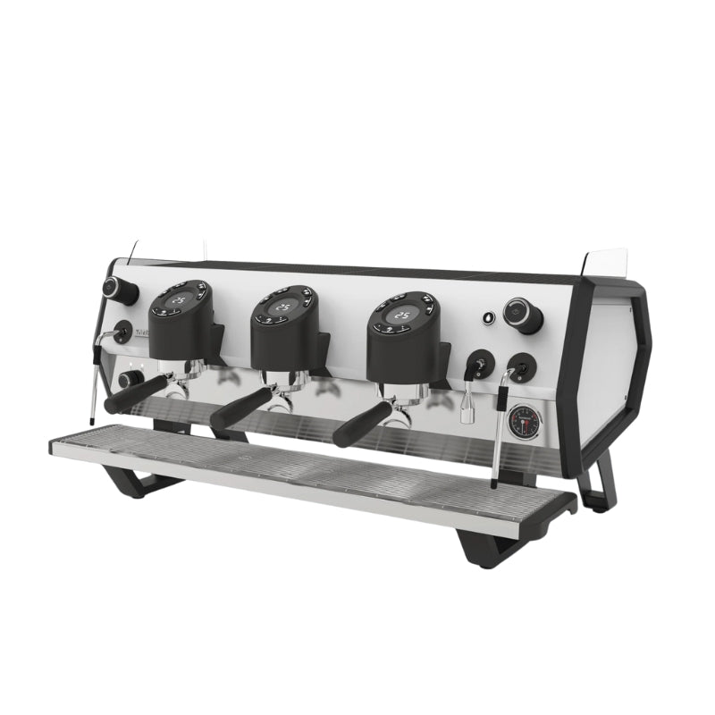 Black and white Sanremo D8 3 group espresso machine diagonal front-right view