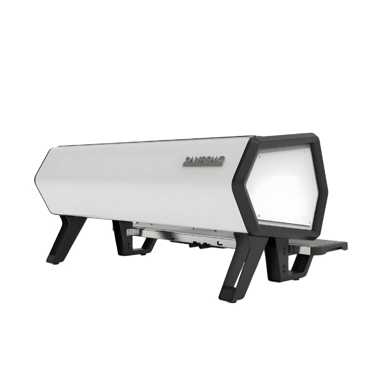 Rear view of black and white Sanremo D8 3 group commercial coffee machine