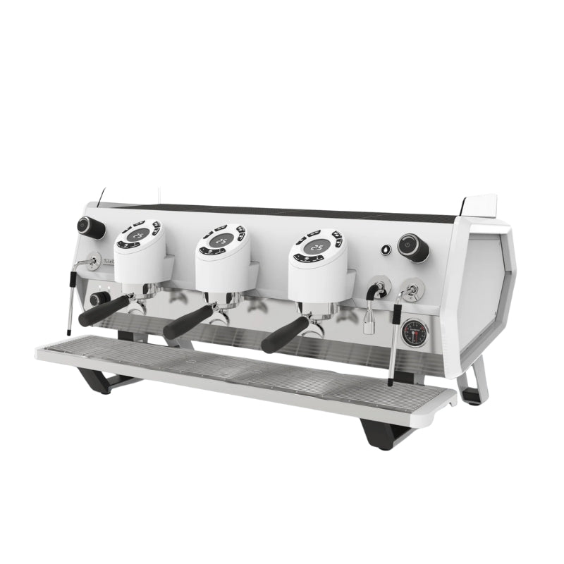 White Sanremo D8 3 group espresso machine diagonal front-right view