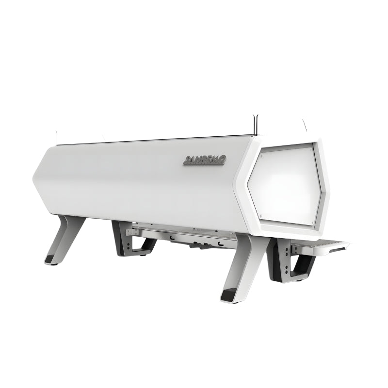 Rear view of white Sanremo D8 3 group commercial coffee machine