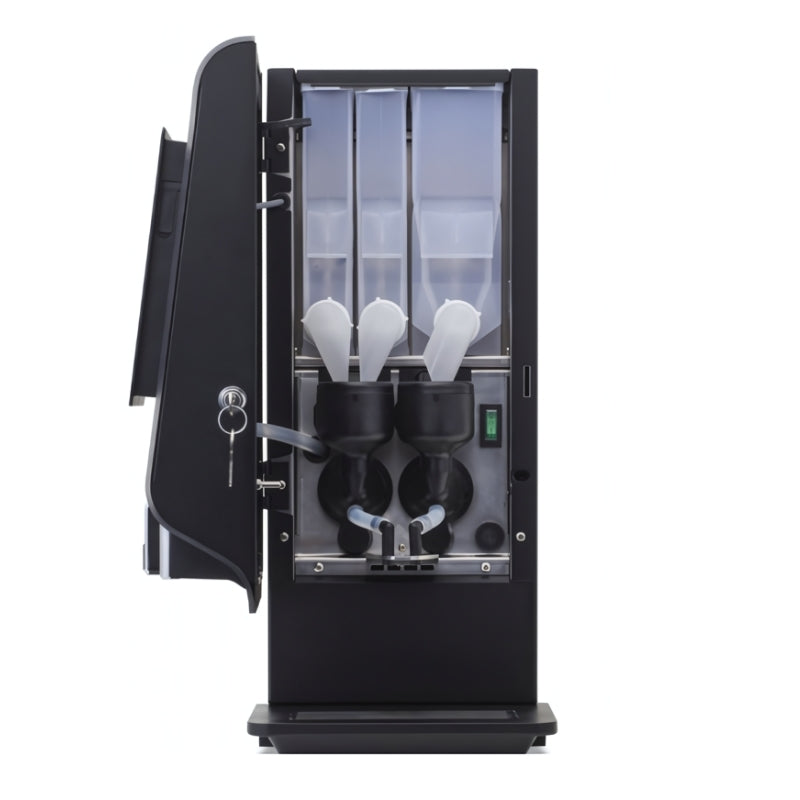 Front view of the Westomatic Primo Instant Mini Instant Coffee Machine with its door opened so you can see the insidie of the coffee machine
